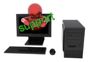 3d render of person in computer with text "Support". Isolated on white background.