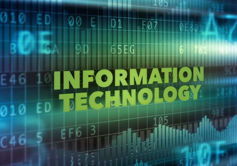 Information technology concept blue background green text